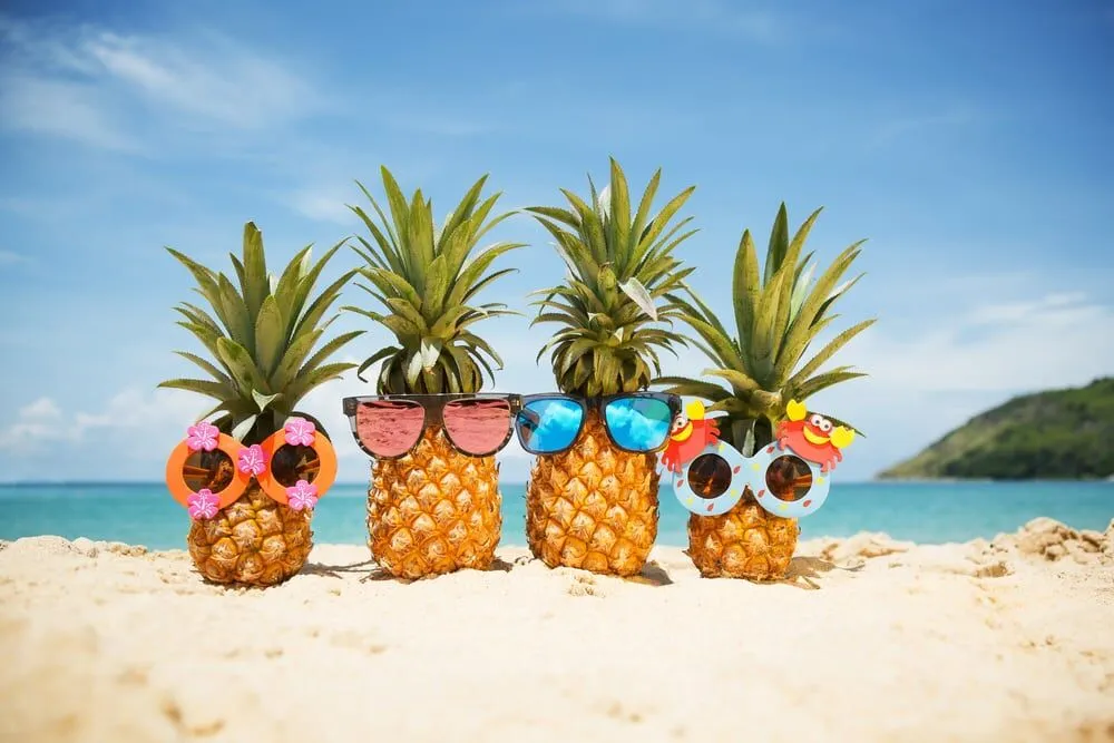 Cartoon pineapples on the beach with sunglasses on